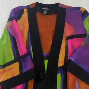 Simply Silk Kimono Top Colorful with Black Trim decoration button